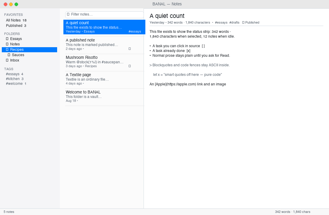 The whole window — folders, filtered list, editor with metadata and body