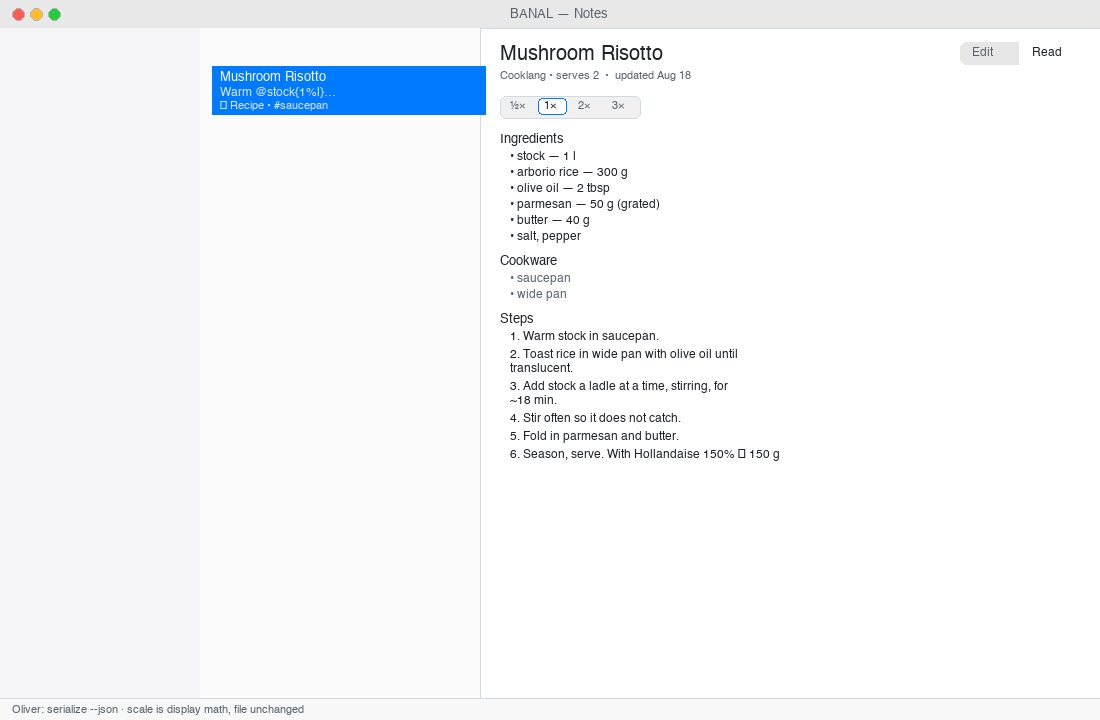Recipe Read — ingredients, cookware, steps, scale