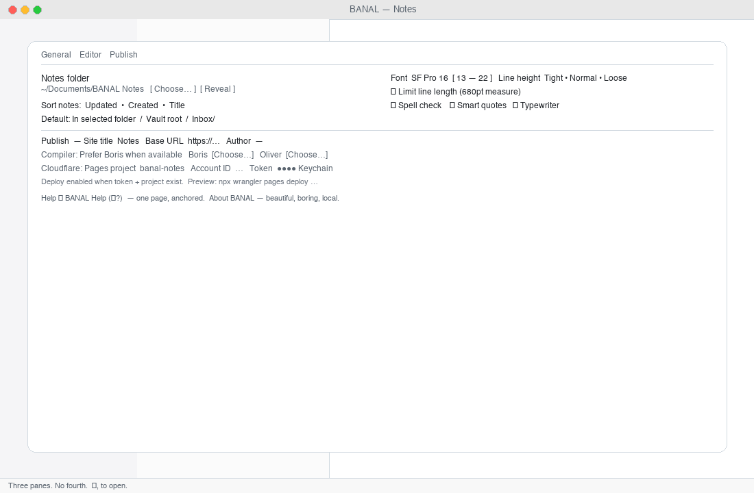 Settings — General, Editor, Publish